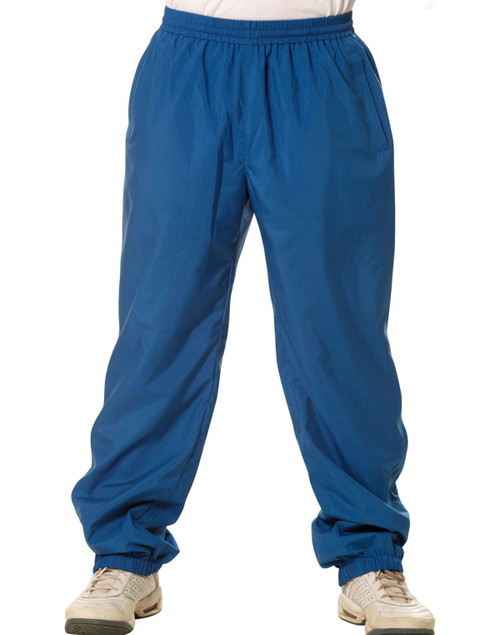 Track pants in a vibrant blue colour with an elastic waistband and cuffed ankles. Features a logo on the front.