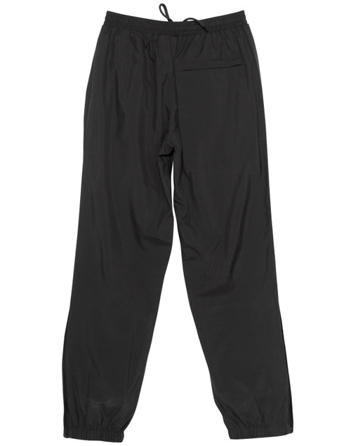 Black warm-up pants with an elastic waistband and fitted cuffs, featuring a back pocket and a logo.