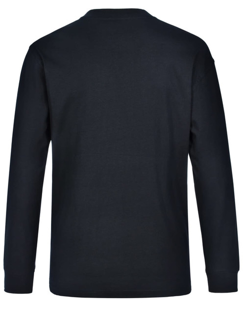 A long-sleeve men's cotton crew neck tee in black, featuring a plain back with a logo.