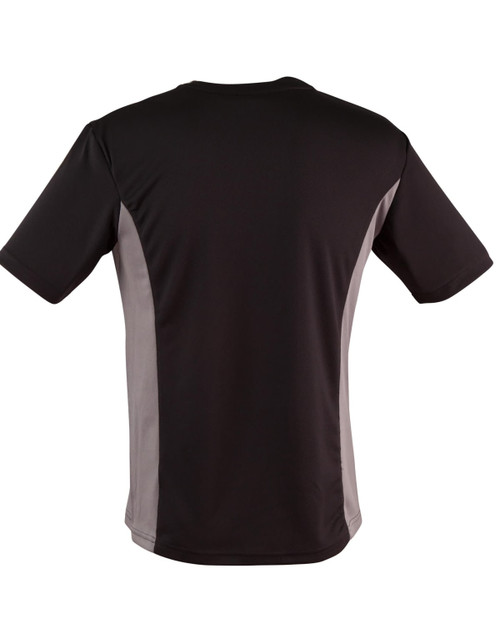 A black and grey short-sleeved children's T-shirt featuring contrasting side panels and a logo.