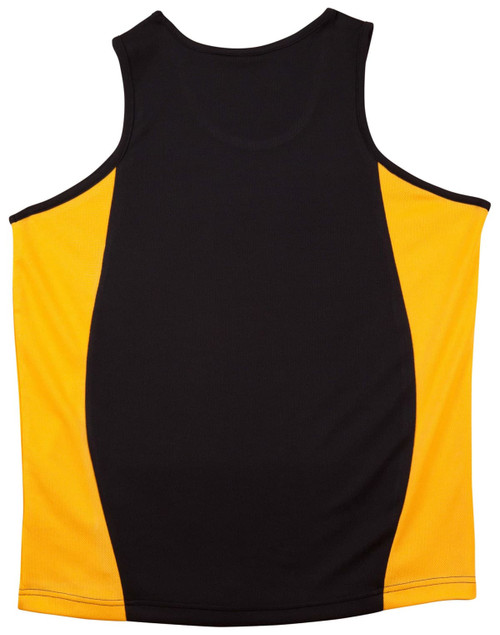 A black and yellow kid's singlet featuring a contrast mesh design and a logo on the front.