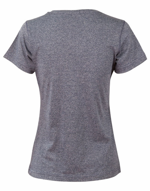 A heather grey short-sleeve women’s tee featuring a rounded neckline and a small logo.