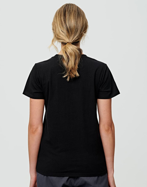 A black ladies' premium cotton T-shirt viewed from the back. The shirt has a fitted design and short sleeves.