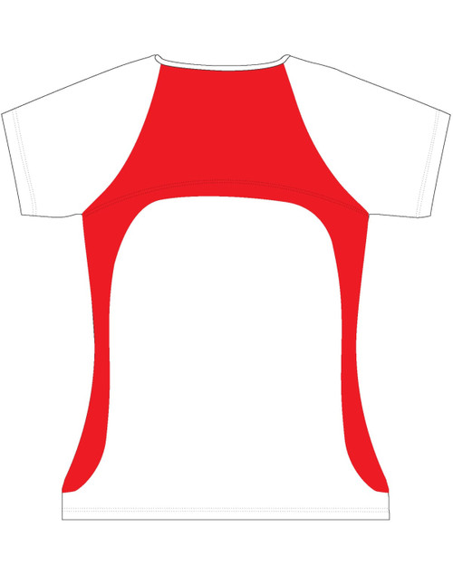 A ladies' t-shirt featuring red and white colours with a sporty design and branding on the front.