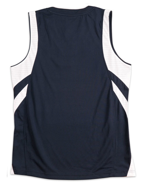 A navy blue adults' basketball singlet with white mesh panels and stripes, featuring a logo on the back.