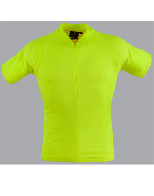 A unisex cycling top in bright fluorescent yellow, featuring short sleeves and a front zip. It has a logo.
