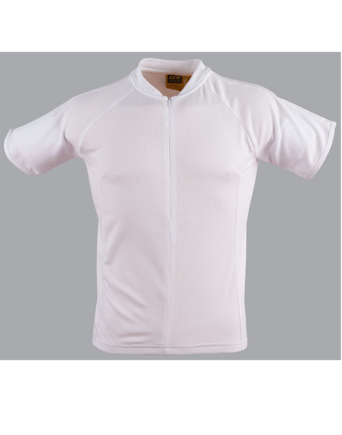 A white unisex cycling top with short sleeves and a front zip, featuring a logo.