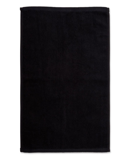 A black hand towel made from double-sided terry, measuring 40x60 cm. Features a logo on the fabric.