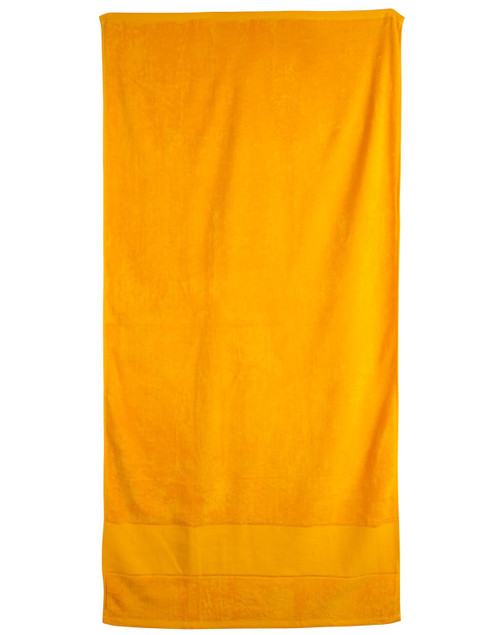 A bright yellow terry velour beach towel measuring 75x150 cm, featuring a textured surface and a solid design.