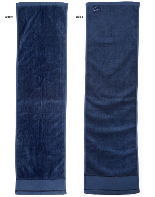A dark navy terry velour fitness towel, measuring 110x30 cm, featuring two sides with a subtle sheen and a logo.