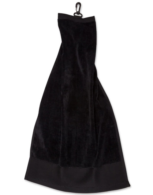 A black golf towel with a hook for easy attachment. It features a soft, plush texture.