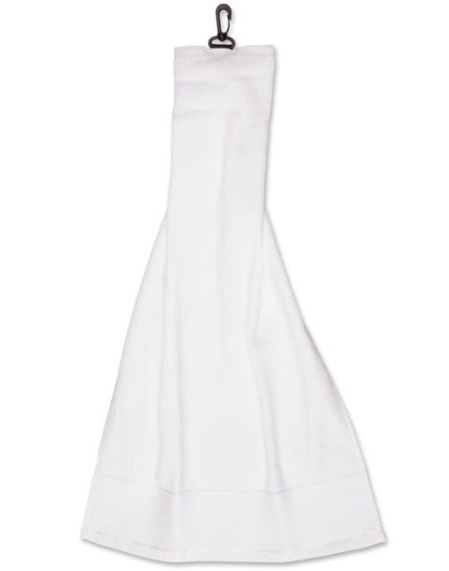 A white golf towel with a hook for attachment. The towel features a branded logo.