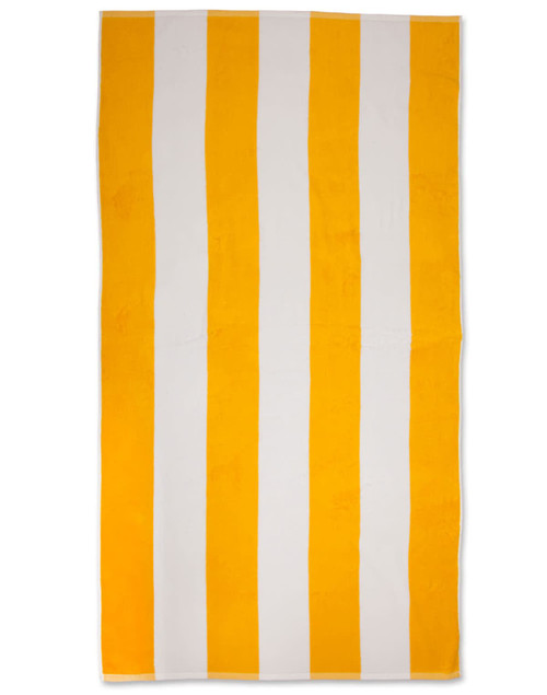 A striped beach towel featuring alternating yellow and white stripes, ideal for outdoor leisure.