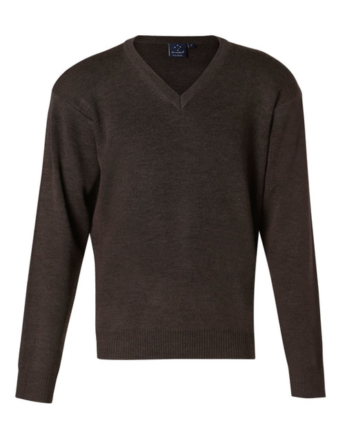 A V-neck jumper in dark brown wool and acrylic knit, featuring long sleeves and a branded label.