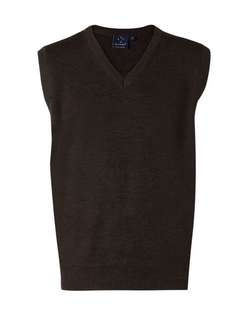 A dark green V-neck wool and acrylic knit vest featuring a sleeveless design and a plain finish.
