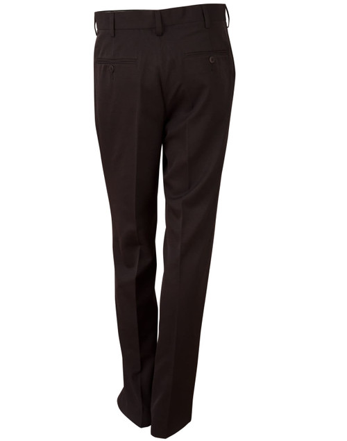 Brown permanent press slacks with a straight leg, featuring back pockets and a logo on the waistband.