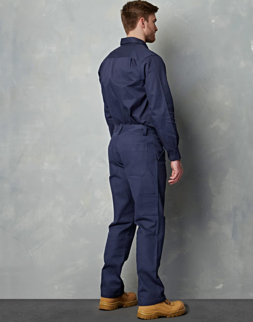 Men's cotton drill cargo pants in navy with knee pads, featuring multiple pockets and a fitted design.