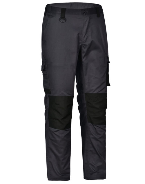 Unisex utility stretch cargo work pants in black with contrasting black panels and multiple pockets.
