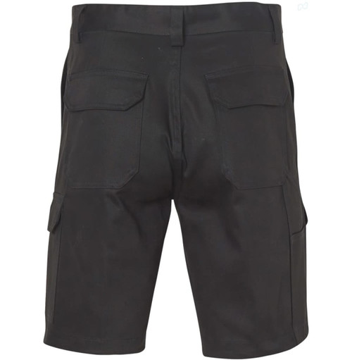 A pair of black heavy cotton drill shorts featuring multiple pockets and a back view design.