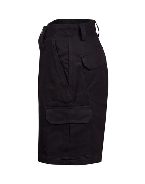 A black heavy cotton drill short with multiple pockets, featuring a side view and a logo.