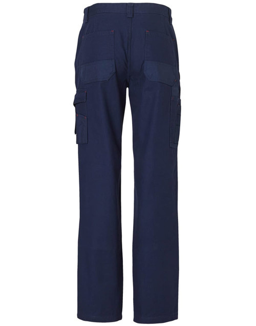 Ladies' work pants in navy blue, featuring multiple pockets and a straight leg design. Includes a logo on the waistband.