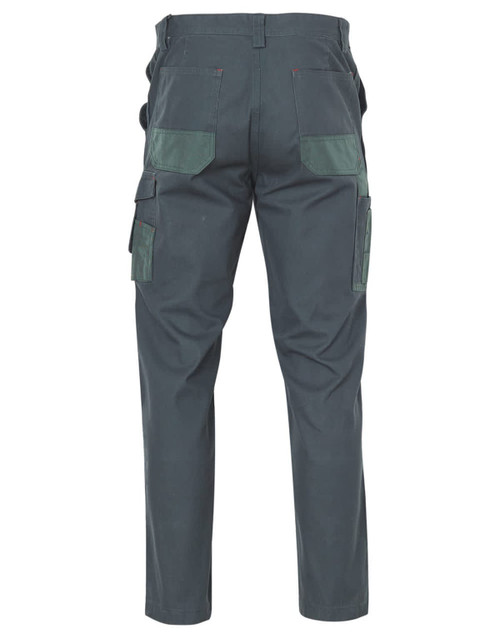 A pair of stout work pants in dark green, featuring multiple pockets and a durable design.