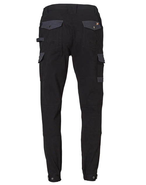 A pair of black work pants featuring grey accents and multiple pockets, with a logo on the waistband.