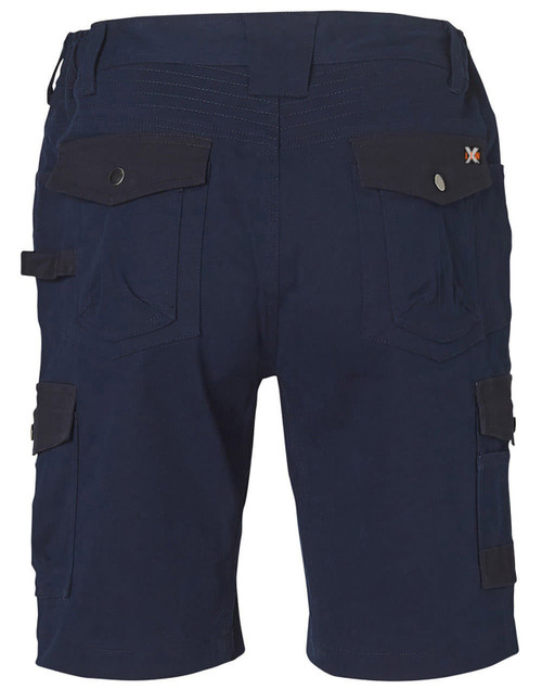 A pair of navy work shorts featuring multiple pockets and a logo on the waistband.