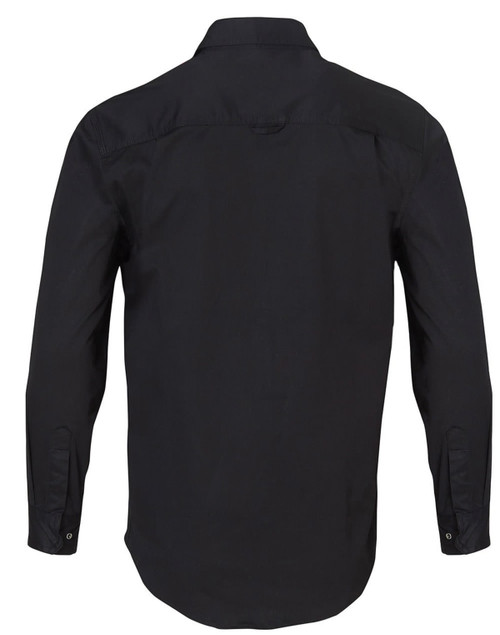 A black long-sleeved work shirt with a collar and buttoned cuffs, featuring a logo.