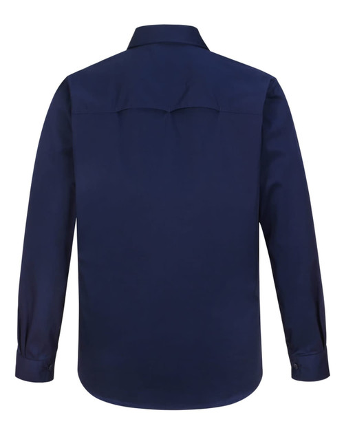 A navy long-sleeve work shirt with a closed front and collar, featuring a logo.