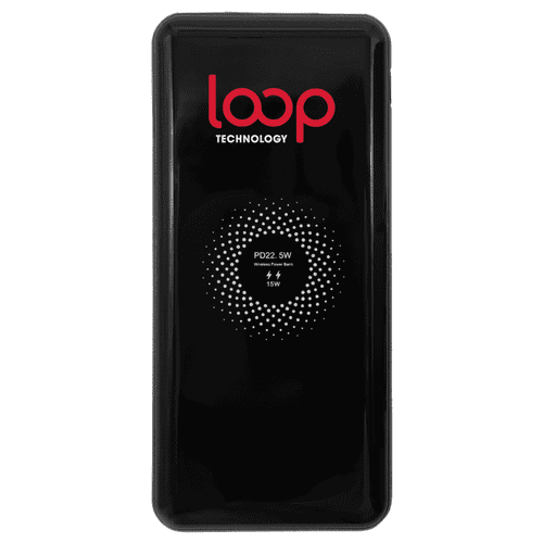 A black power bank with a logo, featuring a dotted design and specifications for fast charging features.