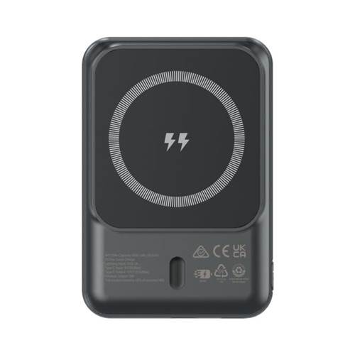 A black power bank featuring a circular charging indicator and a logo on the back, with a 5000 mAh capacity.