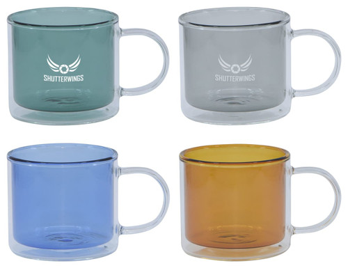 A set of four double wall mugs in teal, grey, blue, and orange, each with a branding logo.