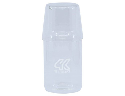 A glass carafe with a clear finish and a matching tumbler, featuring a logo.