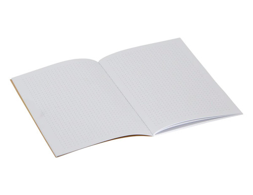 A Kraft A5 notebook with a dot grid design, featuring plain white pages and a light brown cover.