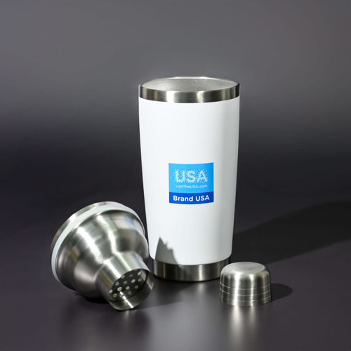 A drink bottle in white with a stainless steel lid and base, featuring a shaker component and a logo.