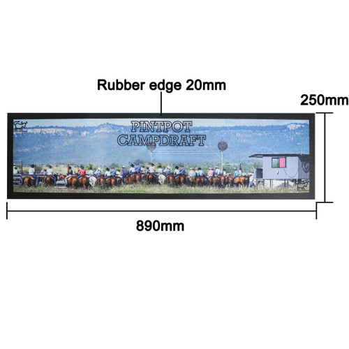 A long, rectangular counter mat with a rubber edge, featuring a colourful design of riders on horseback.