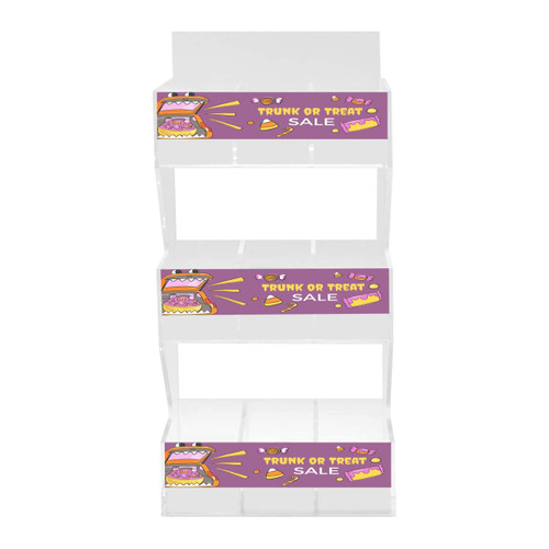 A clear acrylic display stand with three levels, featuring vibrant, eye-catching graphics and a logo.