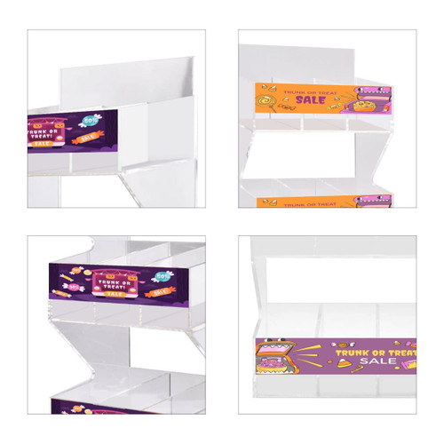 A custom acrylic display featuring three levels with colourful, vibrant designs and assorted logos.