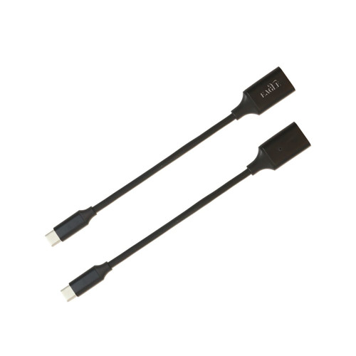A black USB 3.0 to USB C OTG adapter with connectors on both ends and a logo visible on the surface.