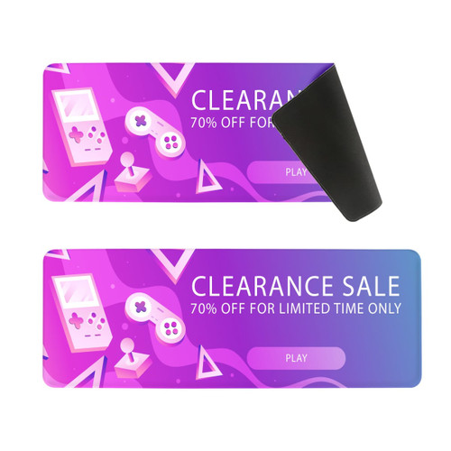 A brightly coloured rubber desk mat featuring purple and pink graphics, including gaming controllers and icons.