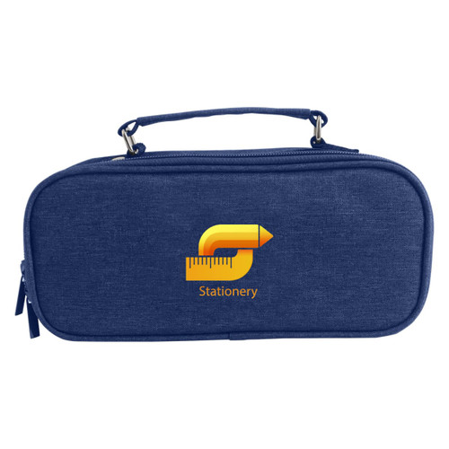 A navy pencil case with compartments and a handle, featuring a logo in the centre.