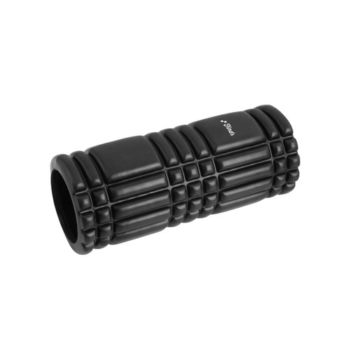 A black foam massage roller with a textured surface and branding, featuring a cylindrical shape.