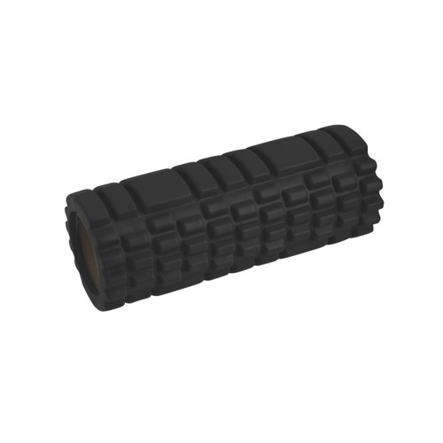 A black foam yoga roller with a textured surface, featuring a cylindrical shape and a solid core.