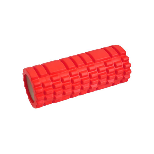 A red foam yoga roller featuring a textured surface and a cylindrical shape, with a logo visible.