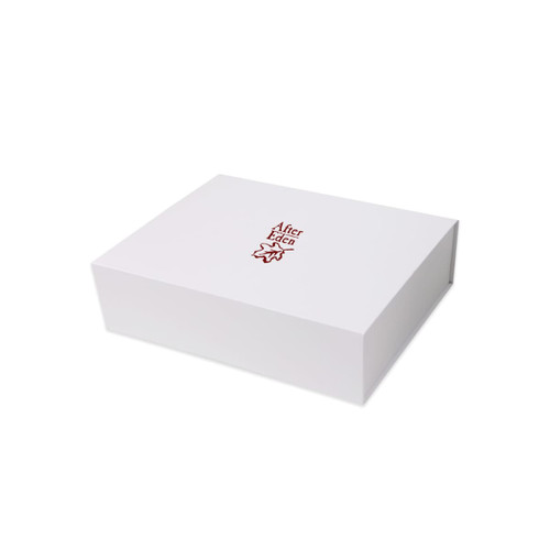 A white foldable magnetic box with a logo on the lid, featuring a simple and elegant design.