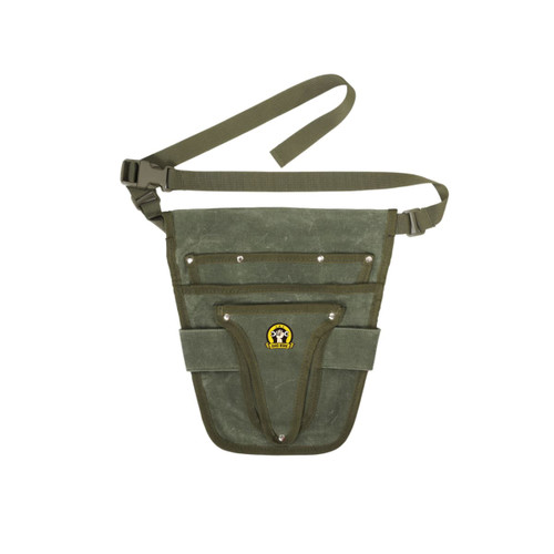 A green garden tool waist pouch with multiple pockets and a belt strap. It features a logo on the front.