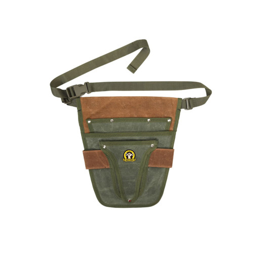 A green and brown garden tool waist pouch with multiple pockets and an adjustable strap. It has a logo on the front.