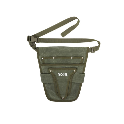 A green waist pouch featuring multiple pockets, a sturdy strap, and a logo on the front.