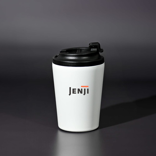 A drink bottle with a white body and black lid, featuring a logo on the front.